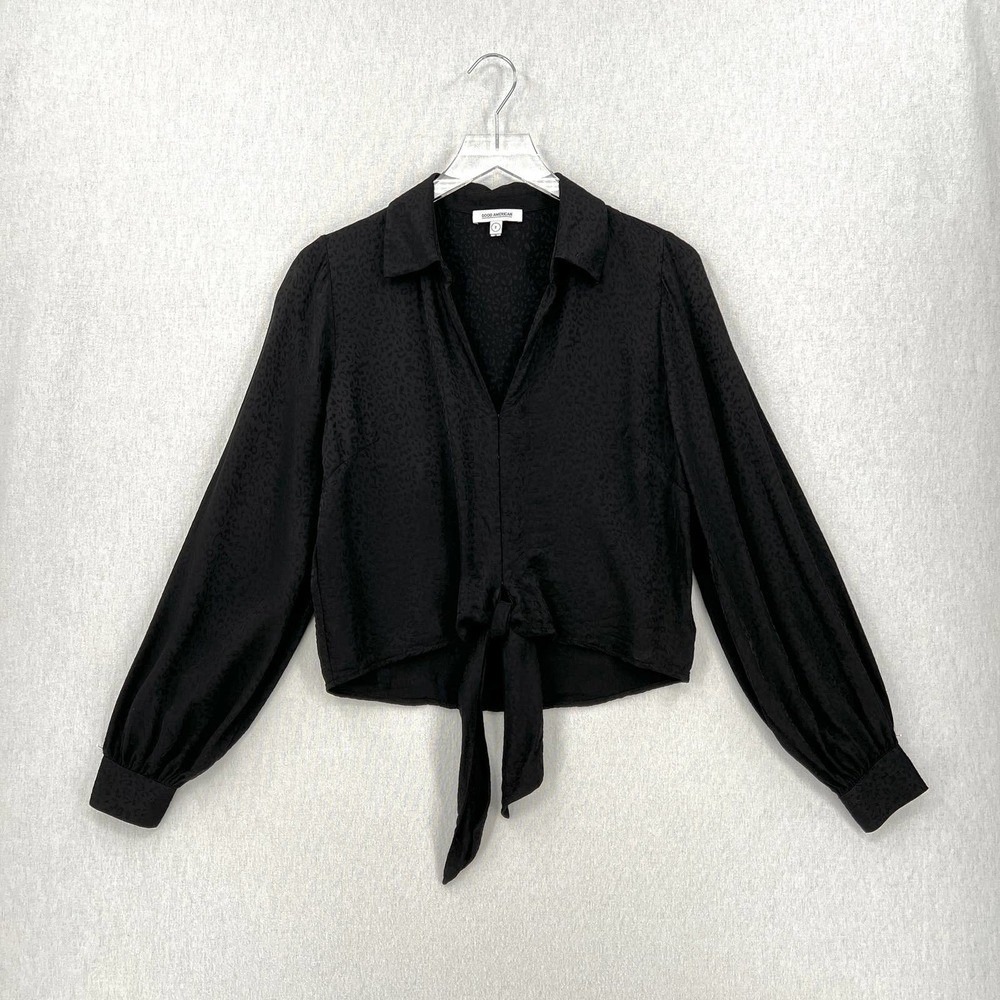 GOOD AMERICAN Leopard Jacquard Tie Front Top Womens Medium 2 Black Long Sleeve - Picture 2 of 16